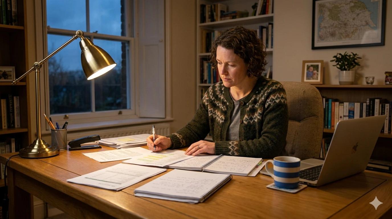 Parent reviewing documents and preparing an appeal case at a desk
