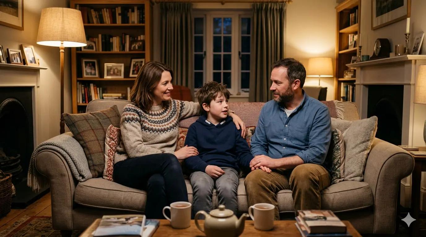 Family sitting together on a sofa having a calm conversation