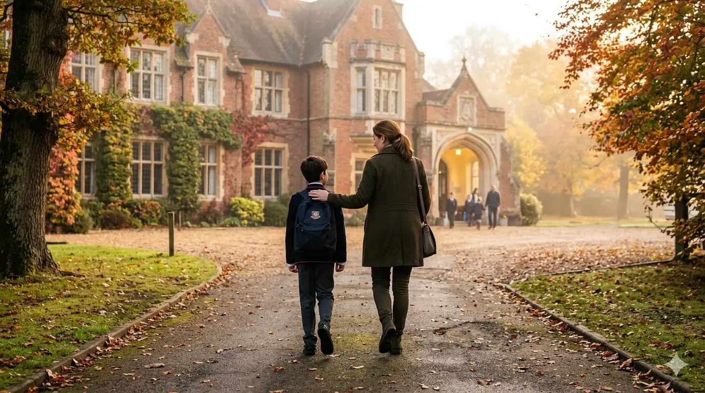 Parent and child walking towards a school entrance on exam morning