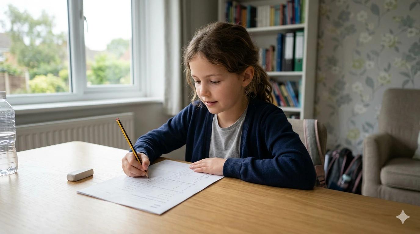 Child working on a practice paper at a clear desk in a quiet room