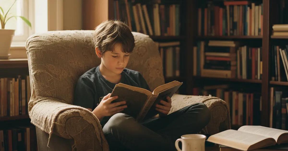 Child reading enthusiastically surrounded by books