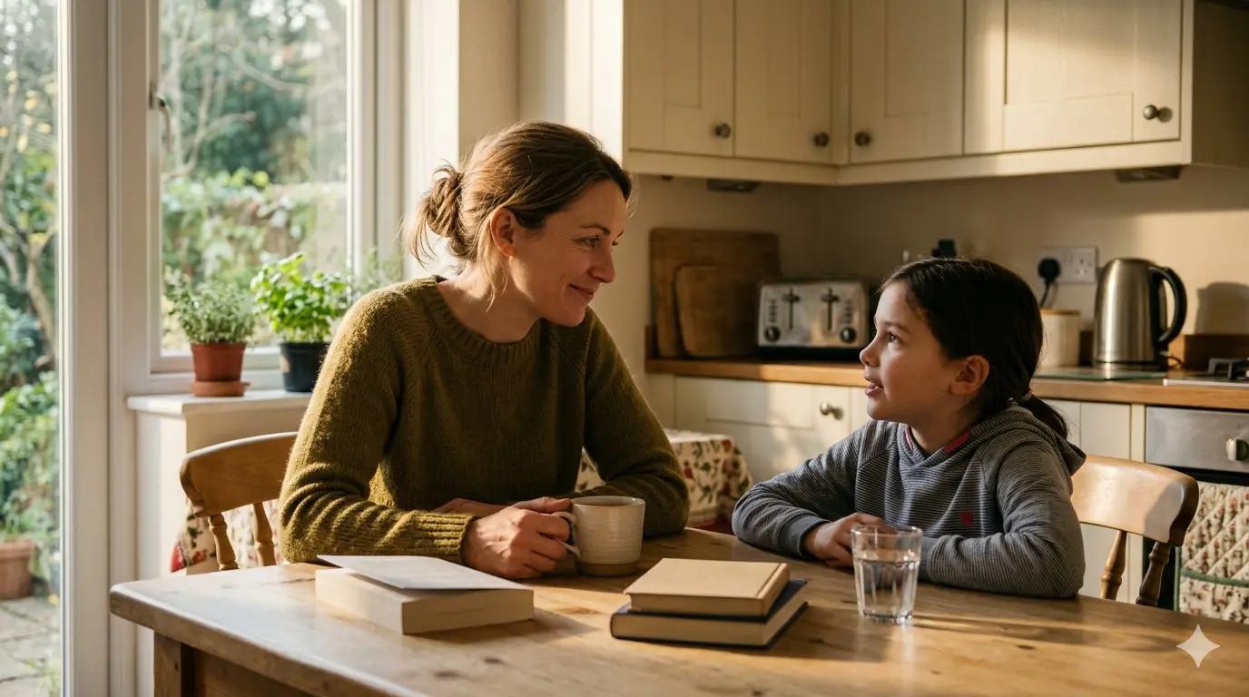 Parent and child having a calm conversation at the kitchen table