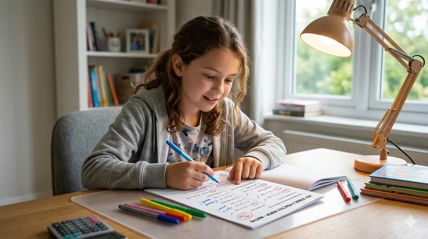 Child looking at a practice paper with coloured annotations marking different types of errors