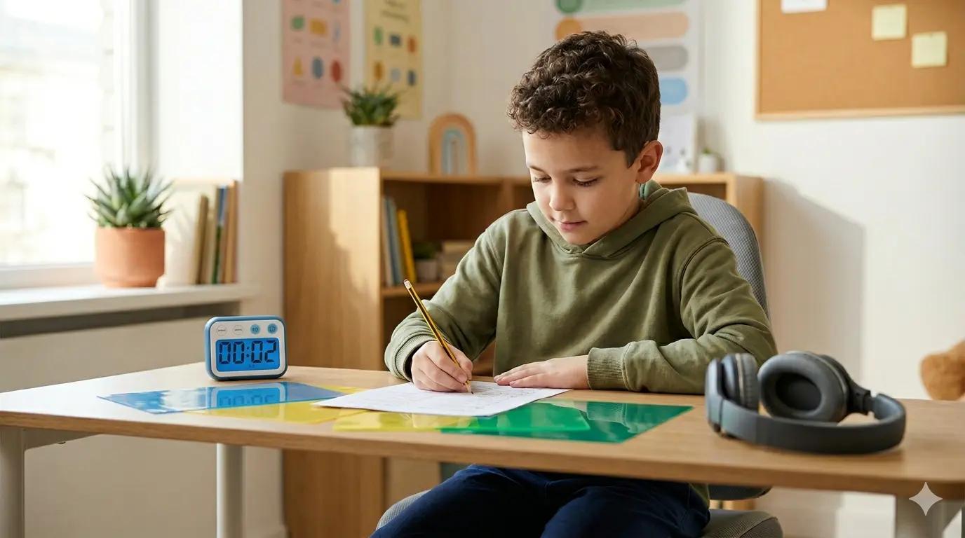 Child working at a desk with supportive learning materials
