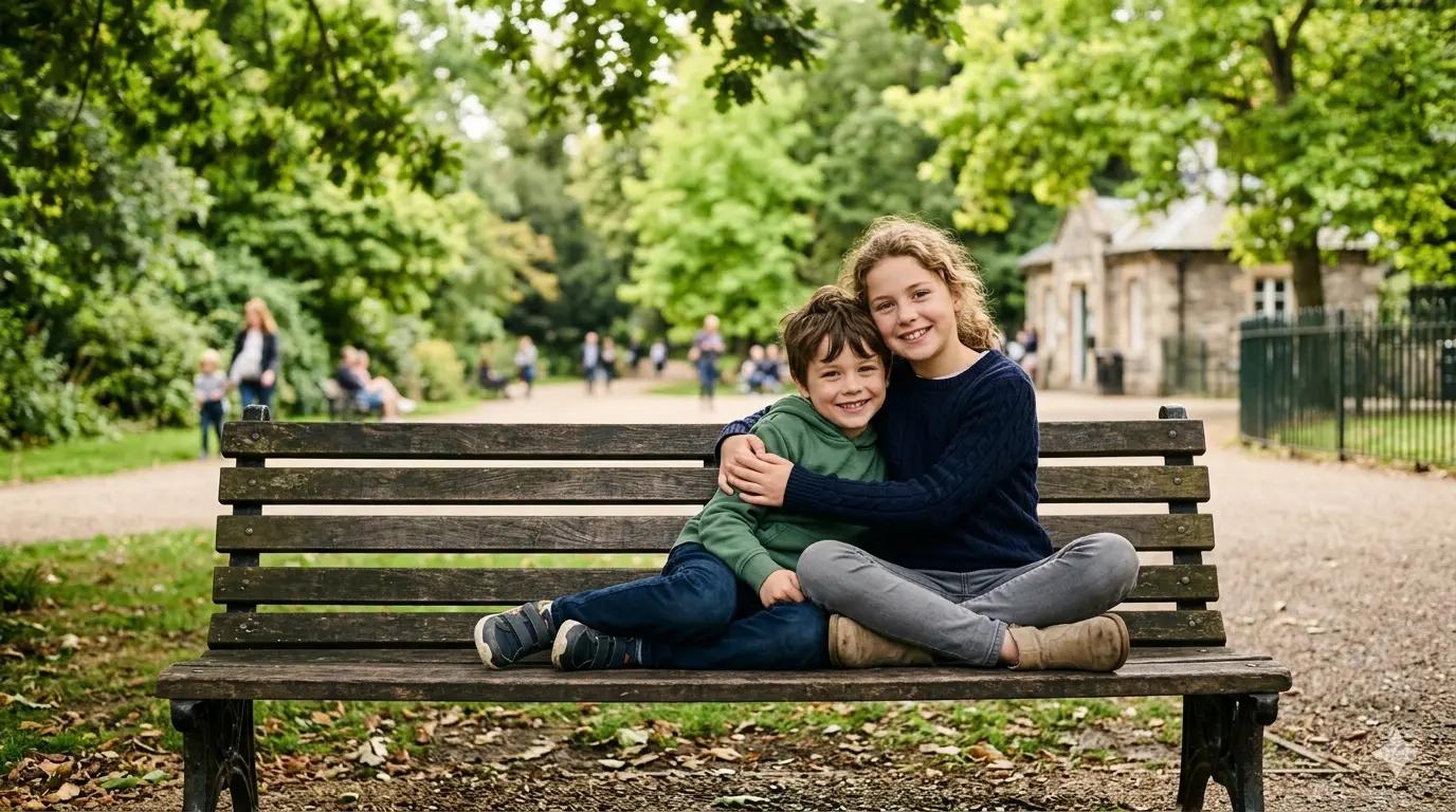 Two children sitting together on a bench, one with an arm around the other