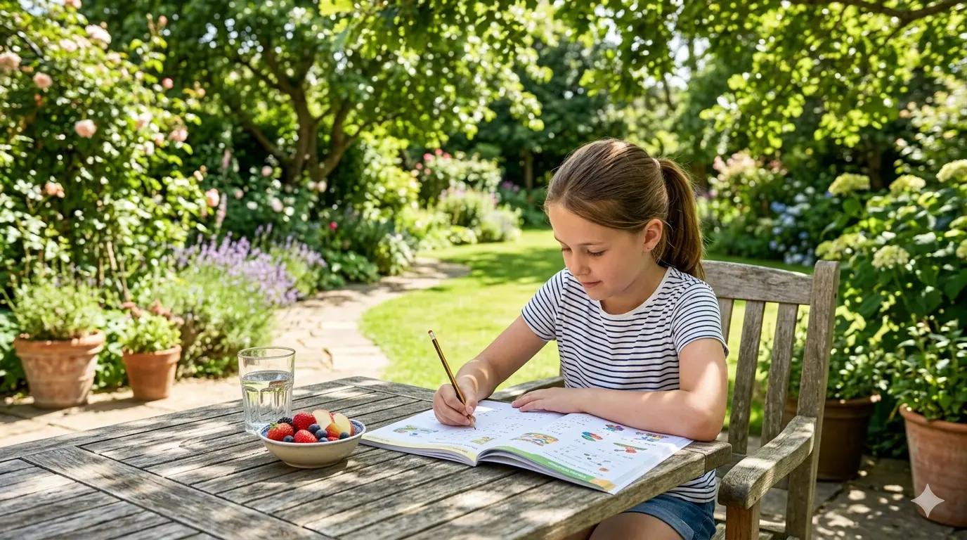 Child studying at a garden table with books and sunshine