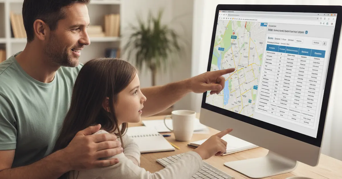 Family reviewing school admissions documents and maps